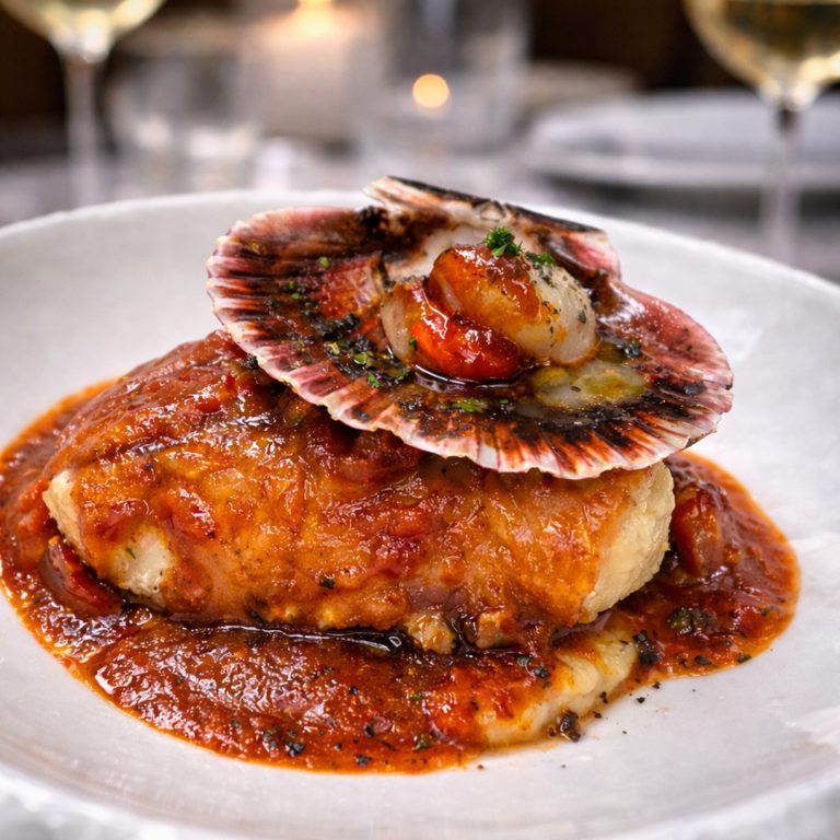 Bacalao braseado terminado a la bizkaina con zamburiña tostada servido en Tolón Tolón Bilbao, asador especializado en producto de calidad y cocina a la parrilla.