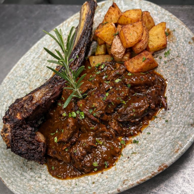 Estofado de txuletón servido con patatitas en dados y romero infusionado en mesa en Tolón Tolón Bilbao, asador especializado en carnes a la parrilla.