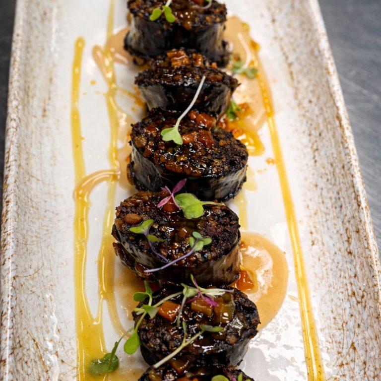 Morcilla de arroz a la parrilla con pimientos asados y gel de tuétano servida en Tolón Tolón Bilbao, asador especializado en carnes y producto a la brasa.