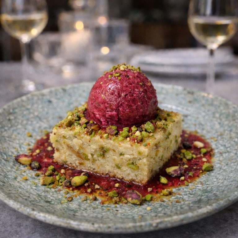 Brownie de chocolate blanco y pistacho con helado de frutos rojos servido en Tolón Tolón Bilbao, asador contemporáneo con postres artesanos.